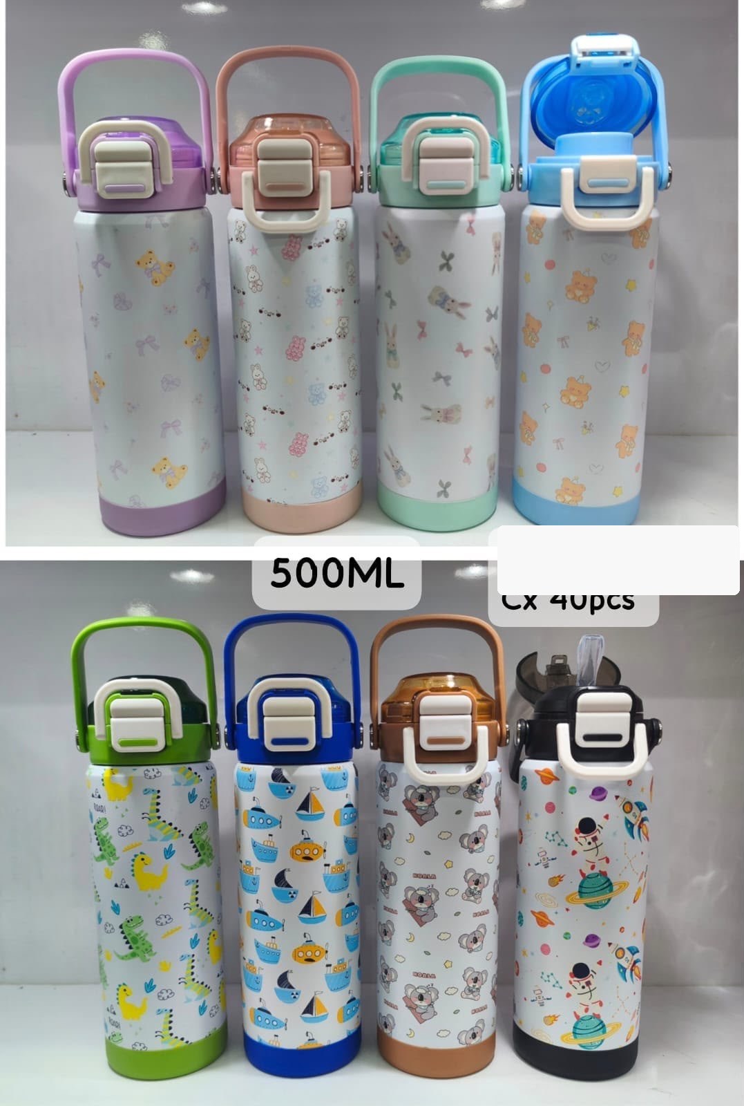 Garrafa Térmica Infantil Estampada 500ml com Bico e Canudo — 8 Estampas