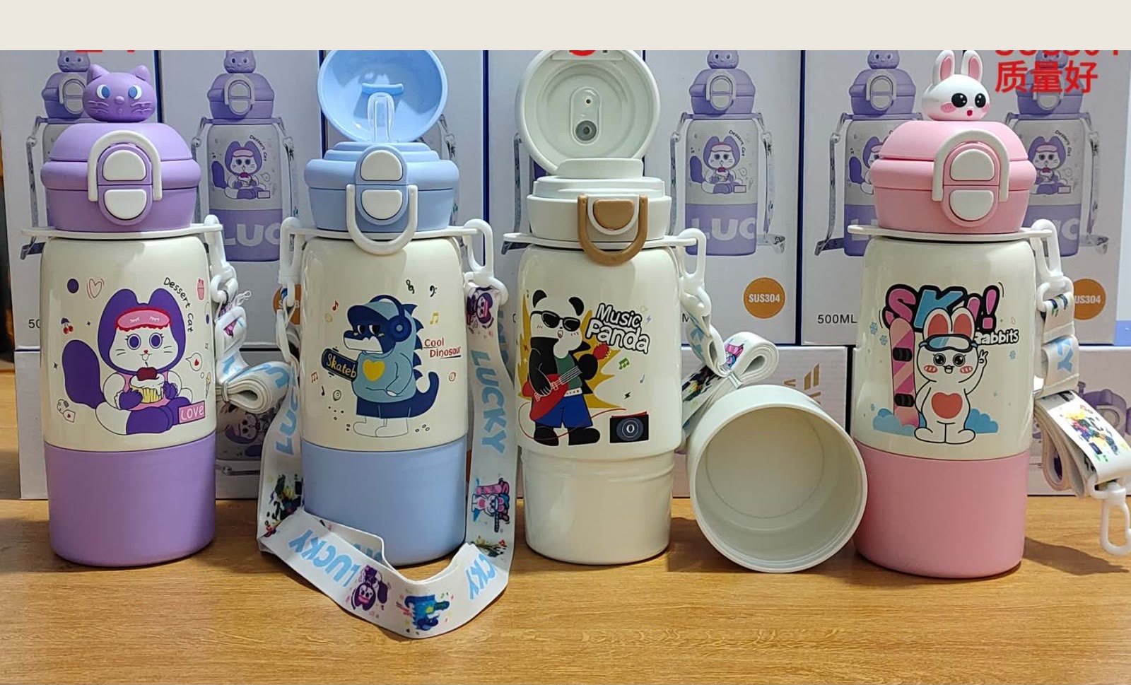 Garrafa Térmica Infantil Lucky 500ml com Bico, Canudo e Alça — 4 Estampas
