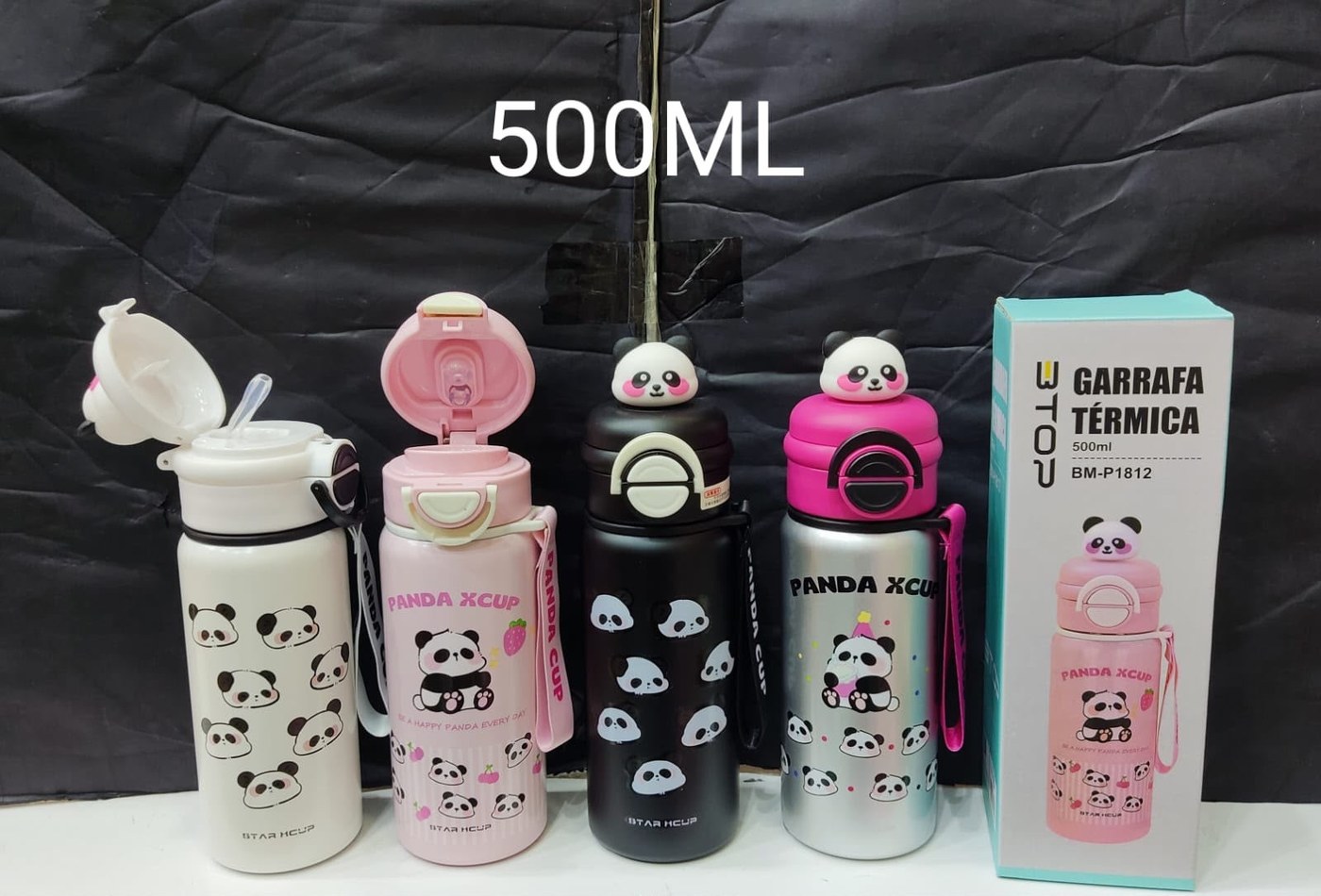 Garrafa Térmica Infantil Panda 500ml com Bico e Canudo — 4 Cores